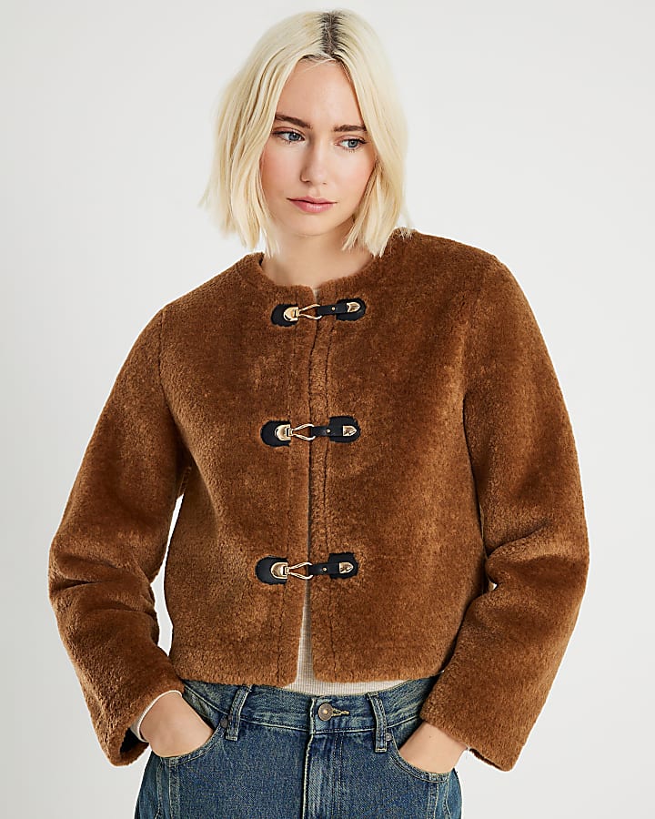 Brown Faux Fur Collarless Jacket