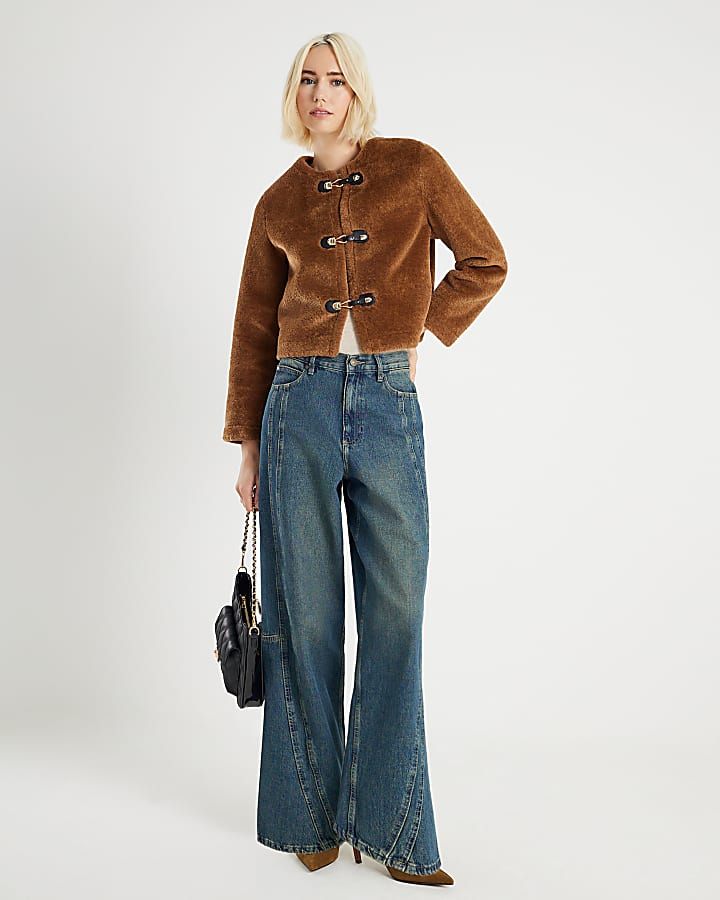 Brown Faux Fur Collarless Jacket