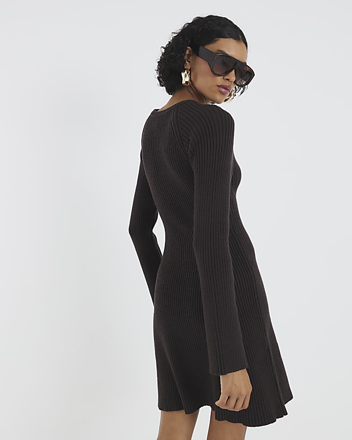 Brown Long Sleeve Knitted Mini Dress
