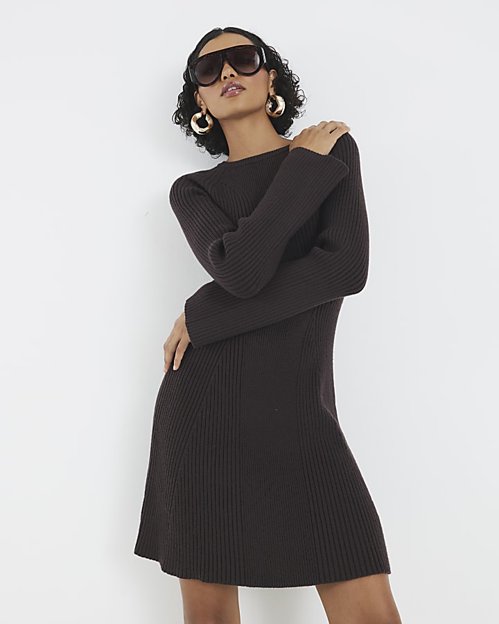 Brown Long Sleeve Knitted Mini Dress