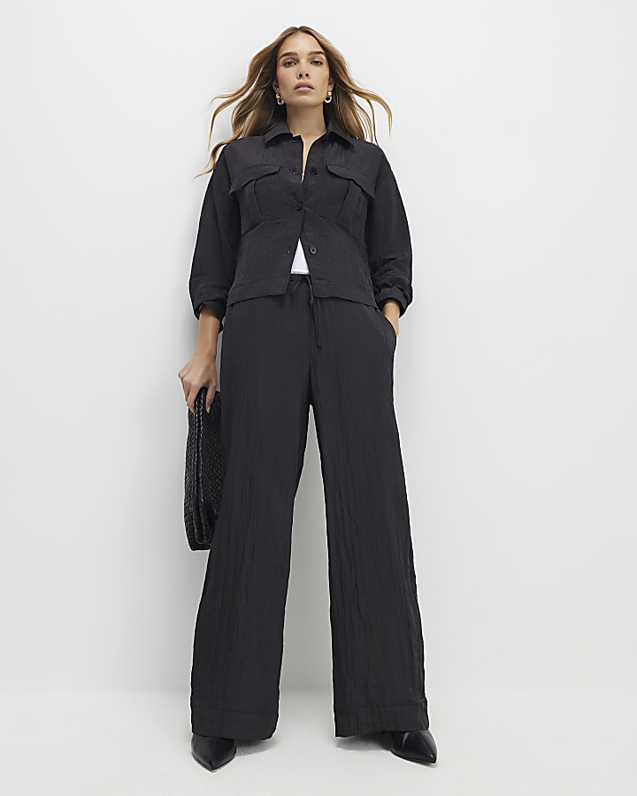 Black Textured Straight Leg Trousers