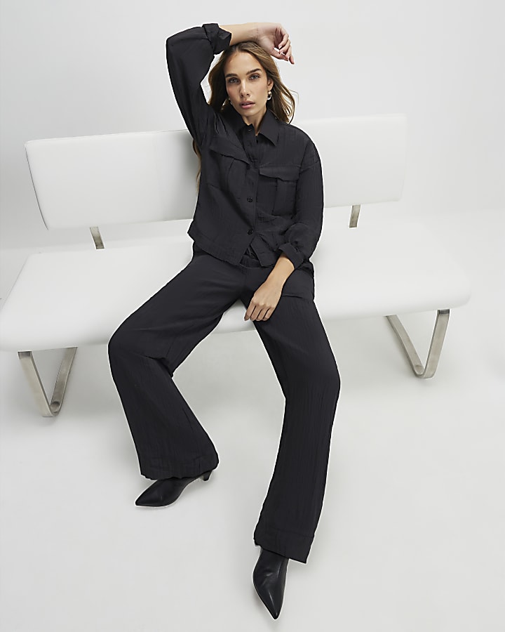 Black Textured Straight Leg Trousers