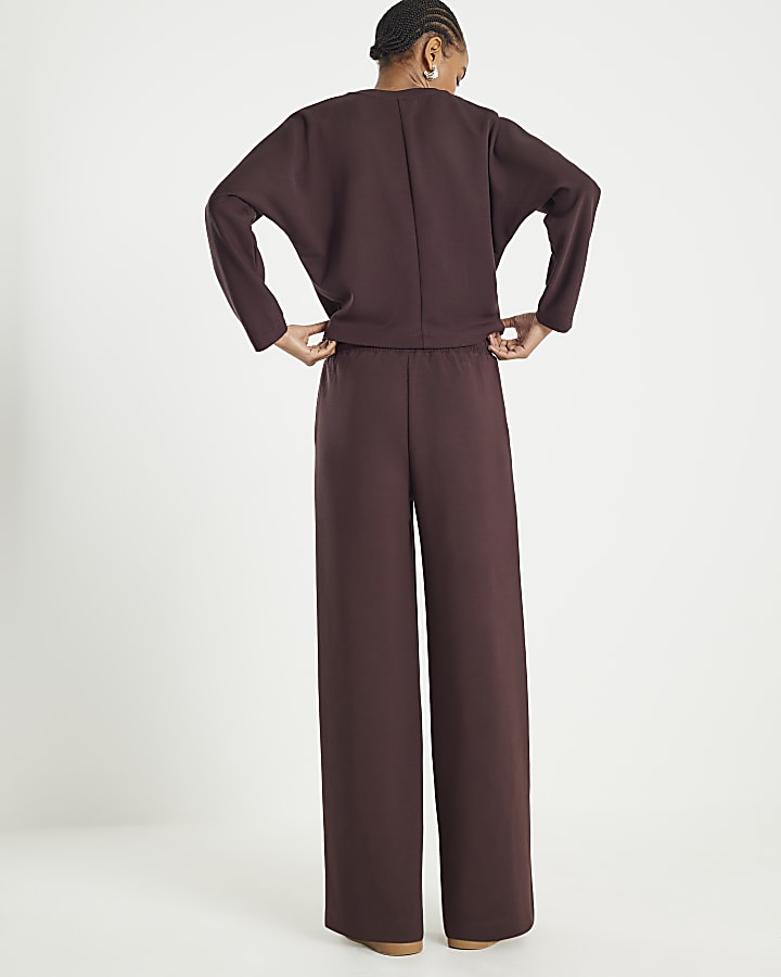 Brown Premium Wide Leg Pintuck Joggers