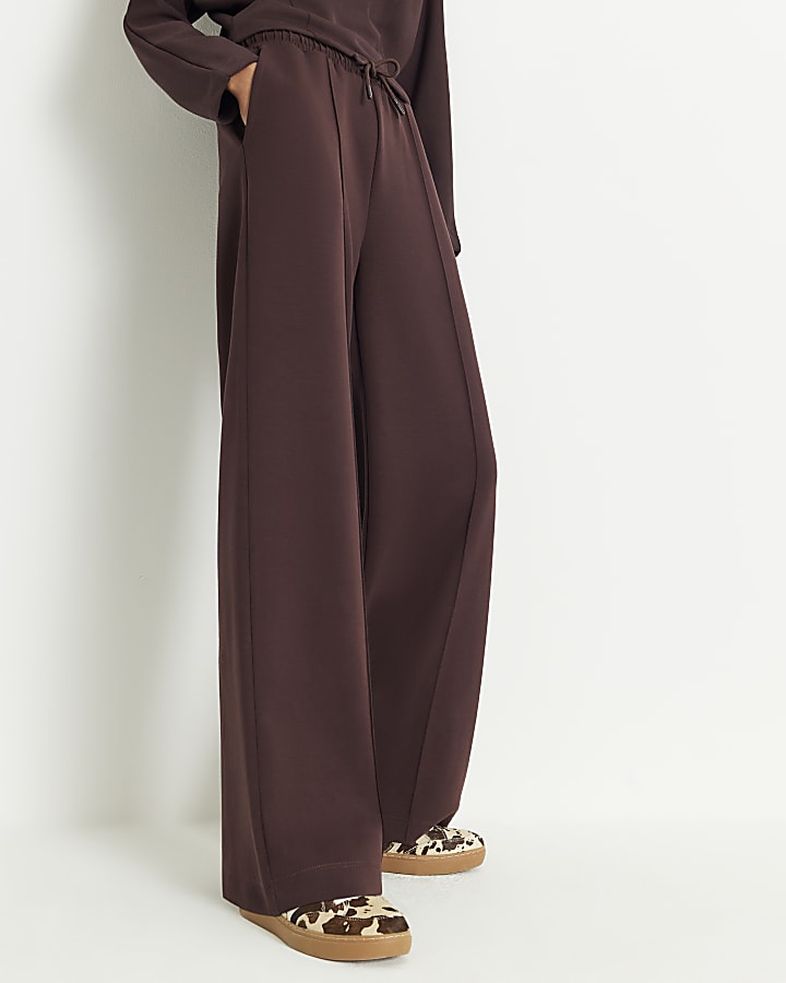 Brown Premium Wide Leg Pintuck Joggers