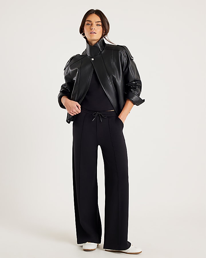 Black Premium Wide Leg Pintuck Joggers