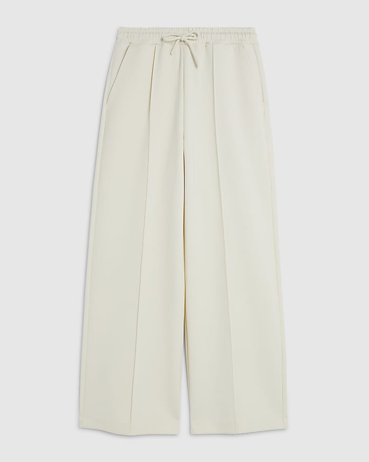 White Premium Wide Leg Pintuck Joggers