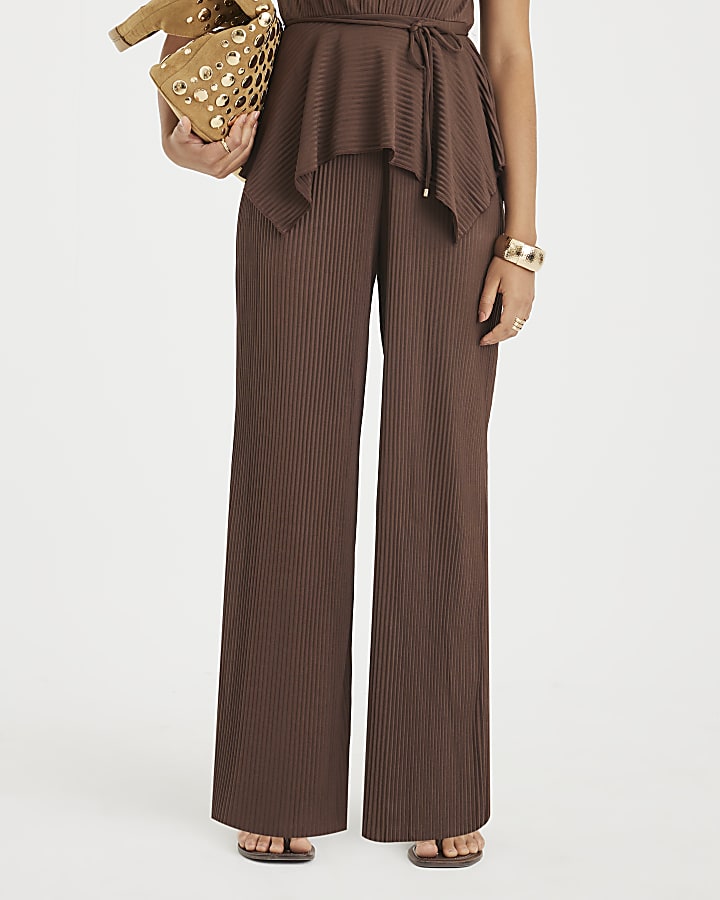 Brown Plisse Wide Leg Trousers