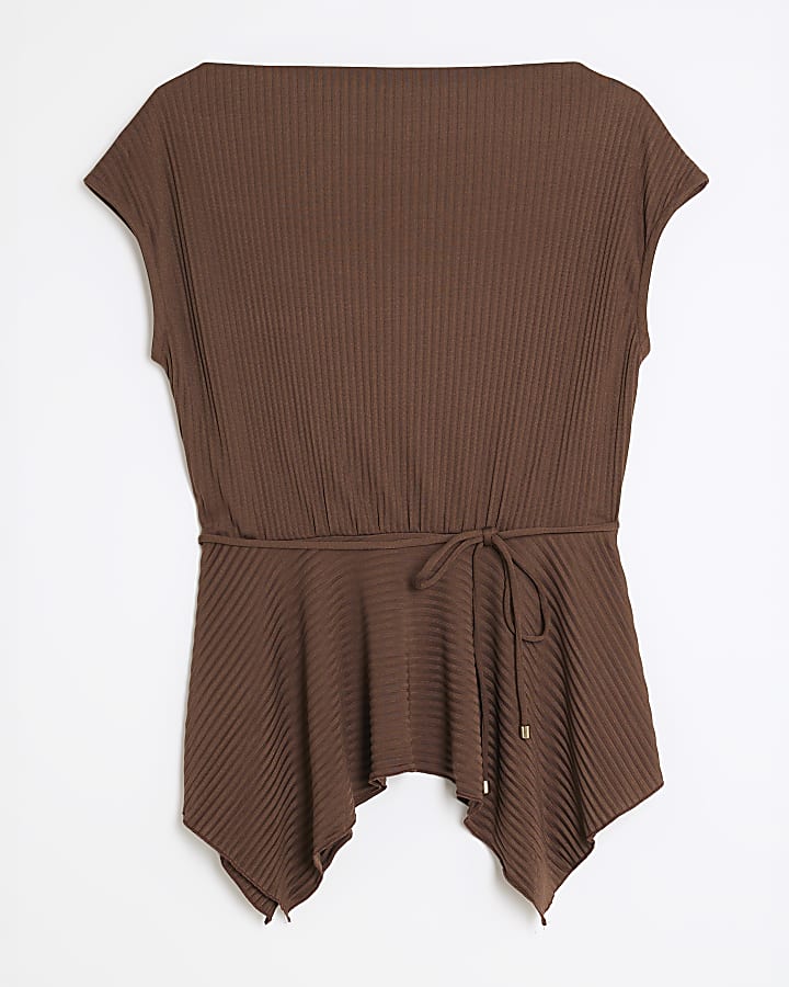Brown Plisse Sleeveless Peplum Top