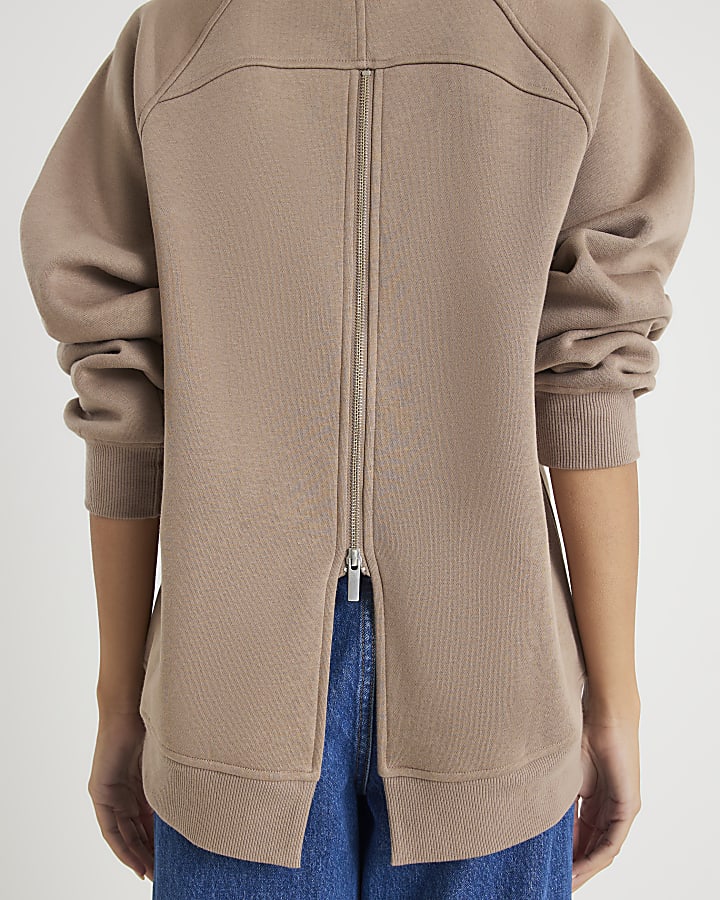 Beige Long Sleeve Zip Back Sweatshirt