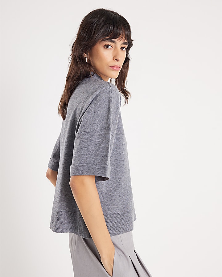 Grey Turn Back Cuff Knitted Top