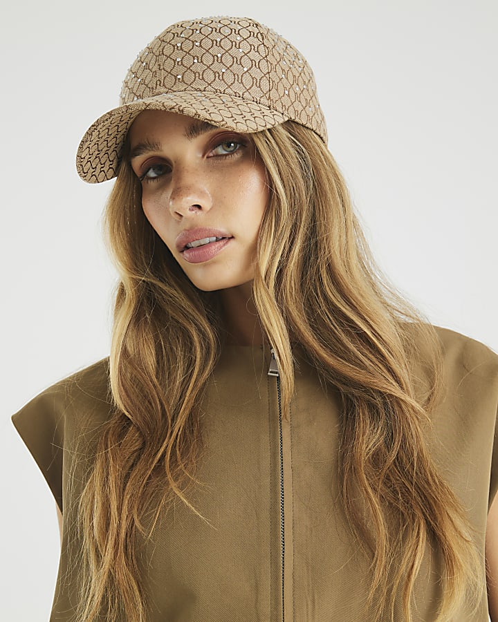 Brown Monogram Print Diamante Cap
