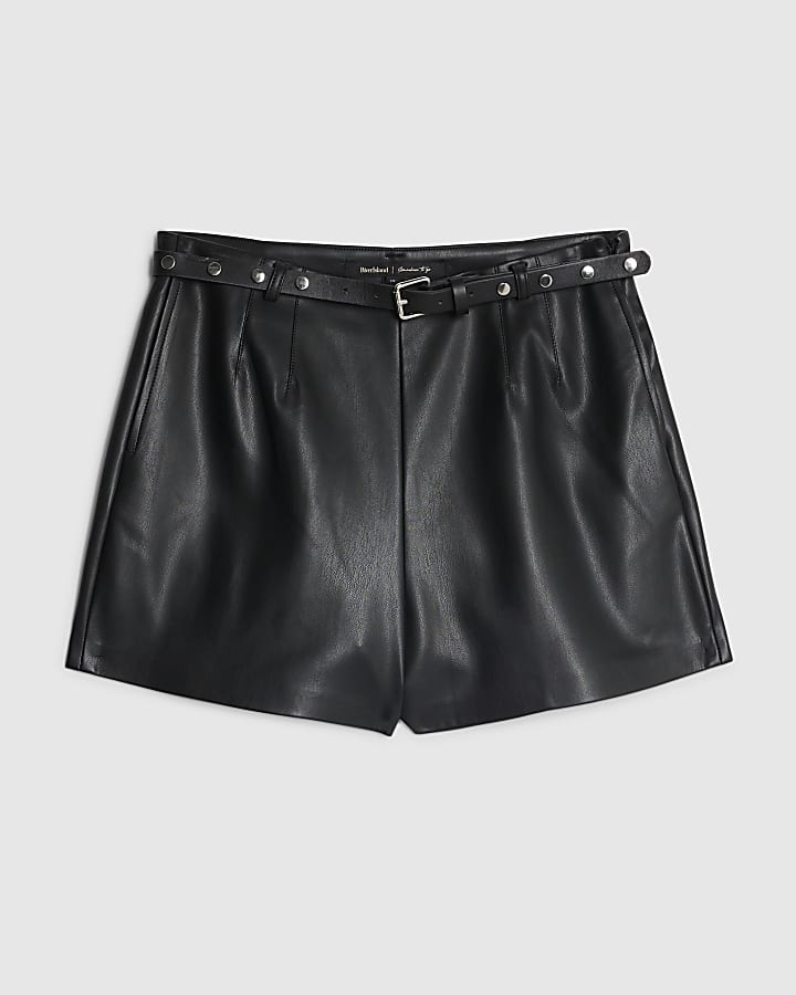Black Faux Leather High Waist Belted Shorts