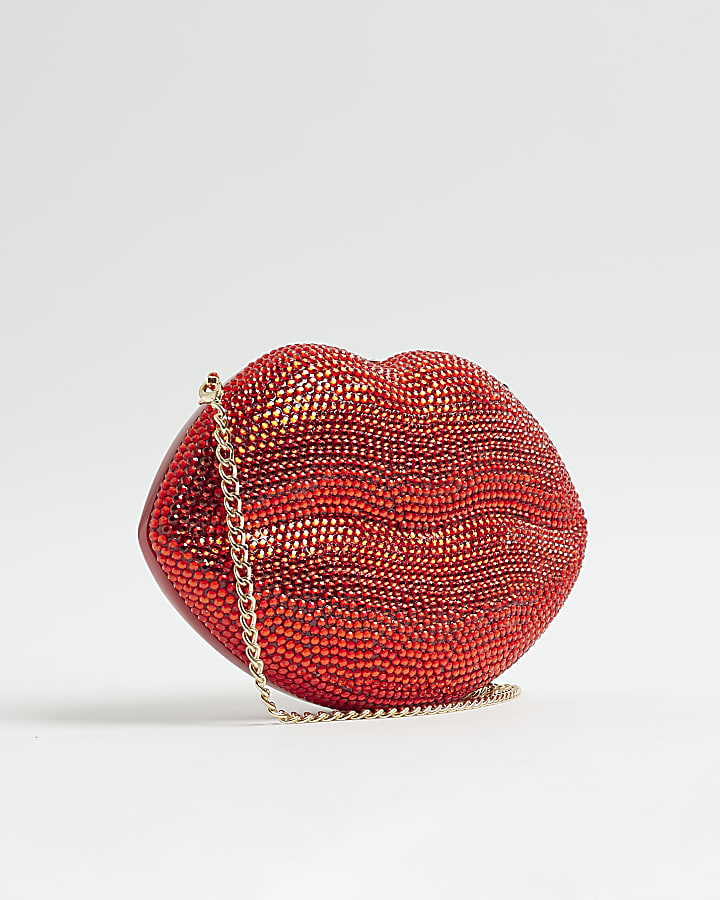 Red Diamante Lips Clutch Bag
