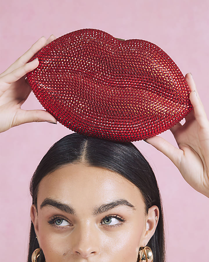 Red Diamante Lips Clutch Bag