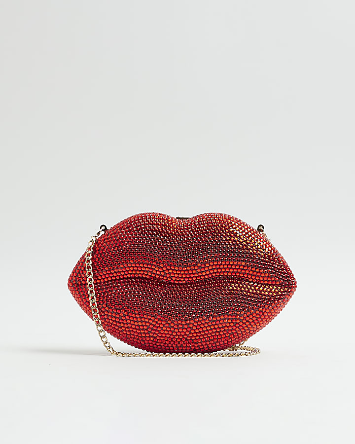 Red Diamante Lips Clutch Bag