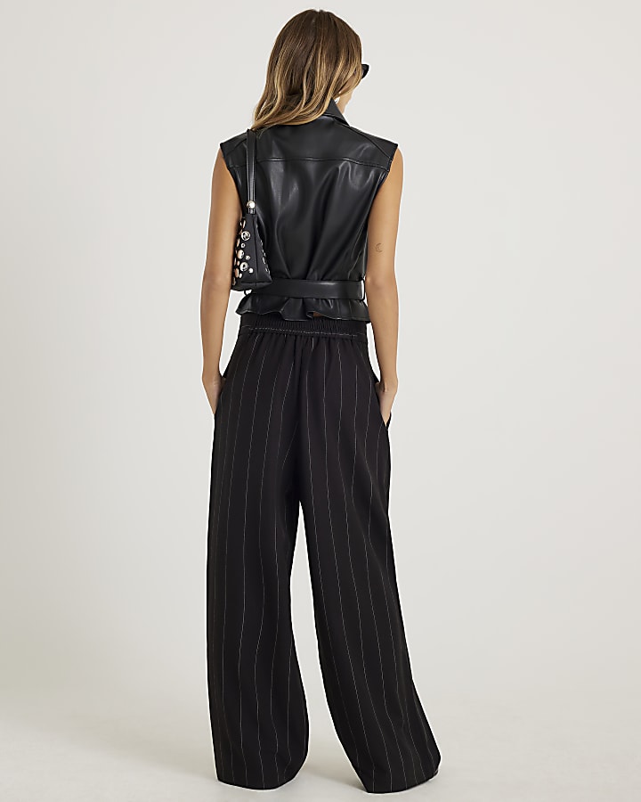 Black Faux Leather Belted Sleeveless Top