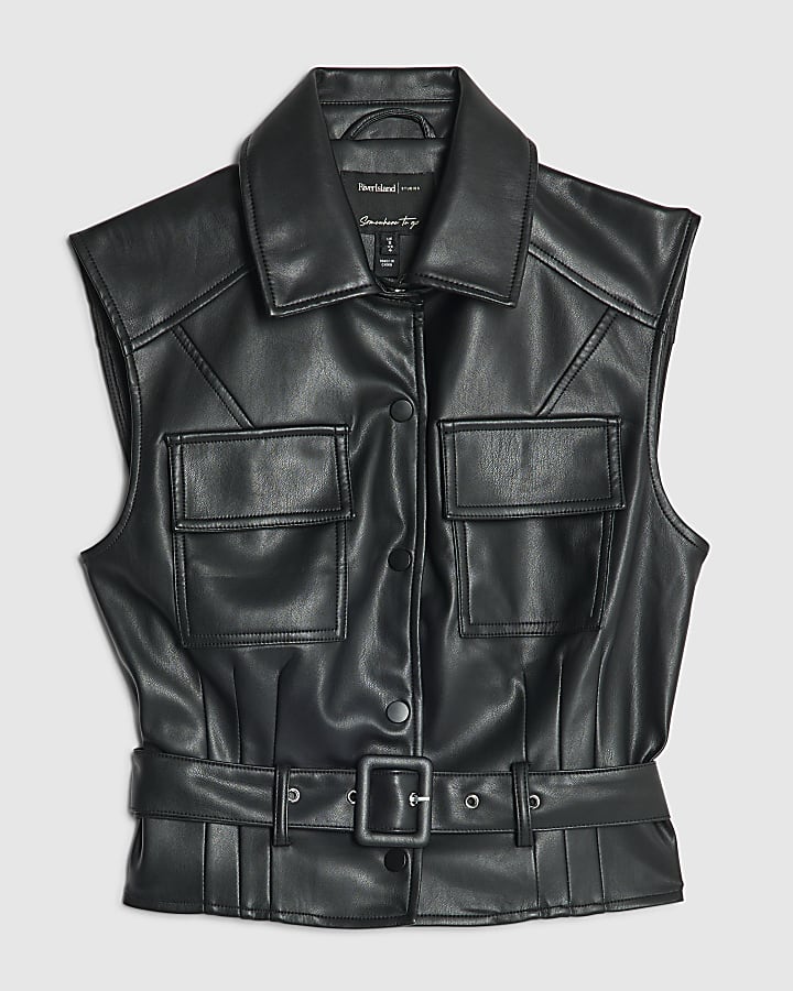 Black Faux Leather Belted Sleeveless Top