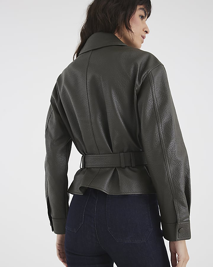 Khaki Faux Leather Belted Long Sleeve Shacket