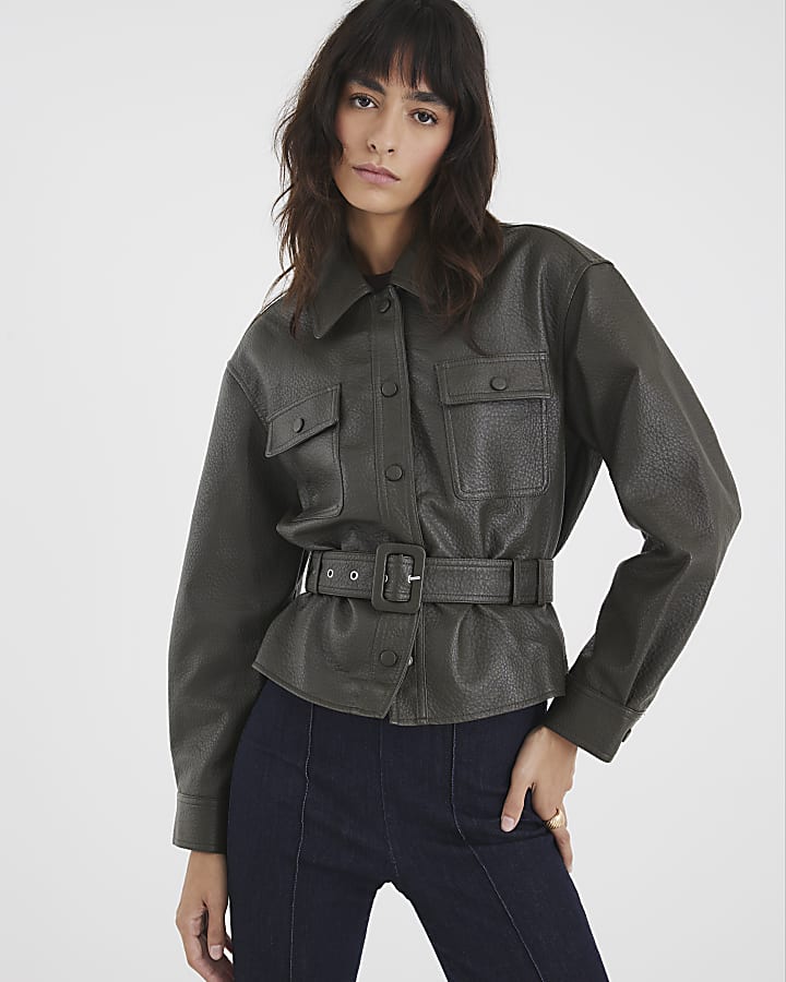Khaki Faux Leather Belted Long Sleeve Shacket