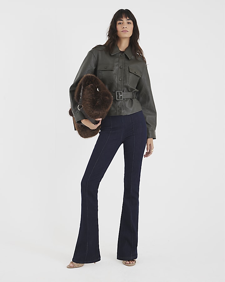 Khaki Faux Leather Belted Long Sleeve Shacket