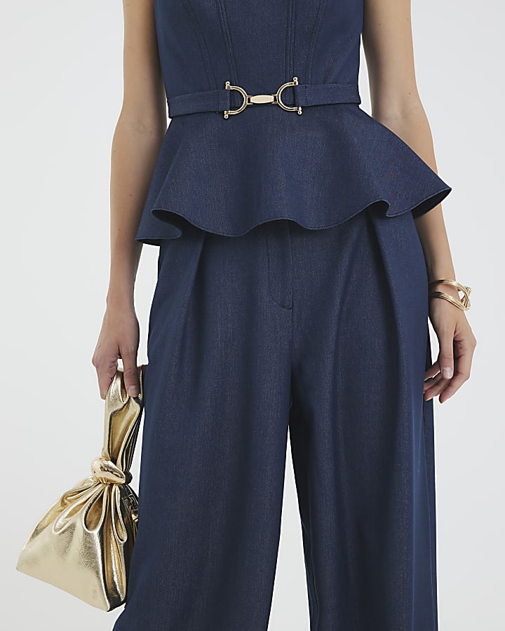 Blue Denim High Waisted Wide Leg Trousers