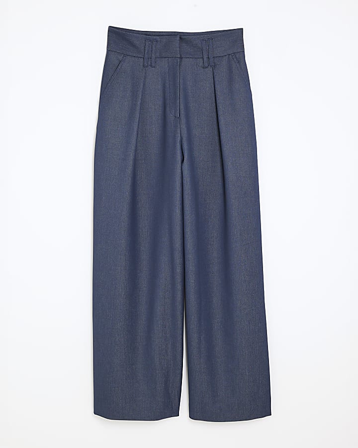 Blue Denim High Waisted Wide Leg Trousers