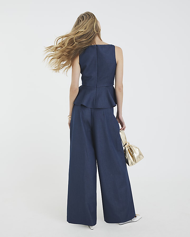 Blue Denim High Waisted Wide Leg Trousers