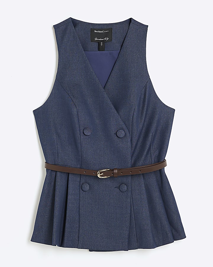 Blue Denim Pleated Belted Waistcoat