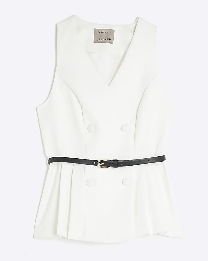White Pleated Hem Belted Waistcoat