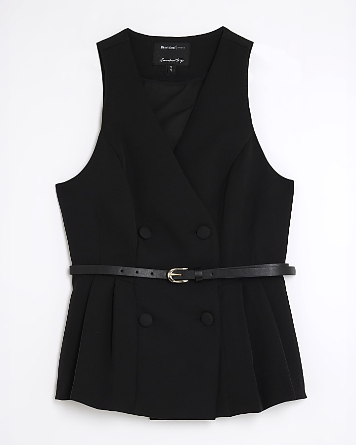 Black Pleated Hem Belted Waistcoat