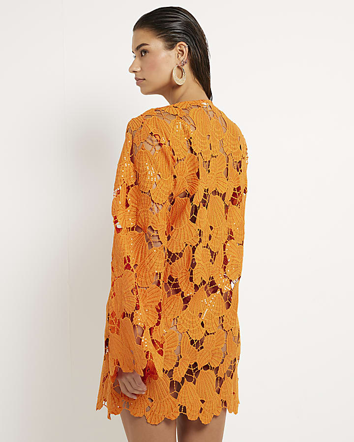 Orange Lace Shell Mini Beach Dress
