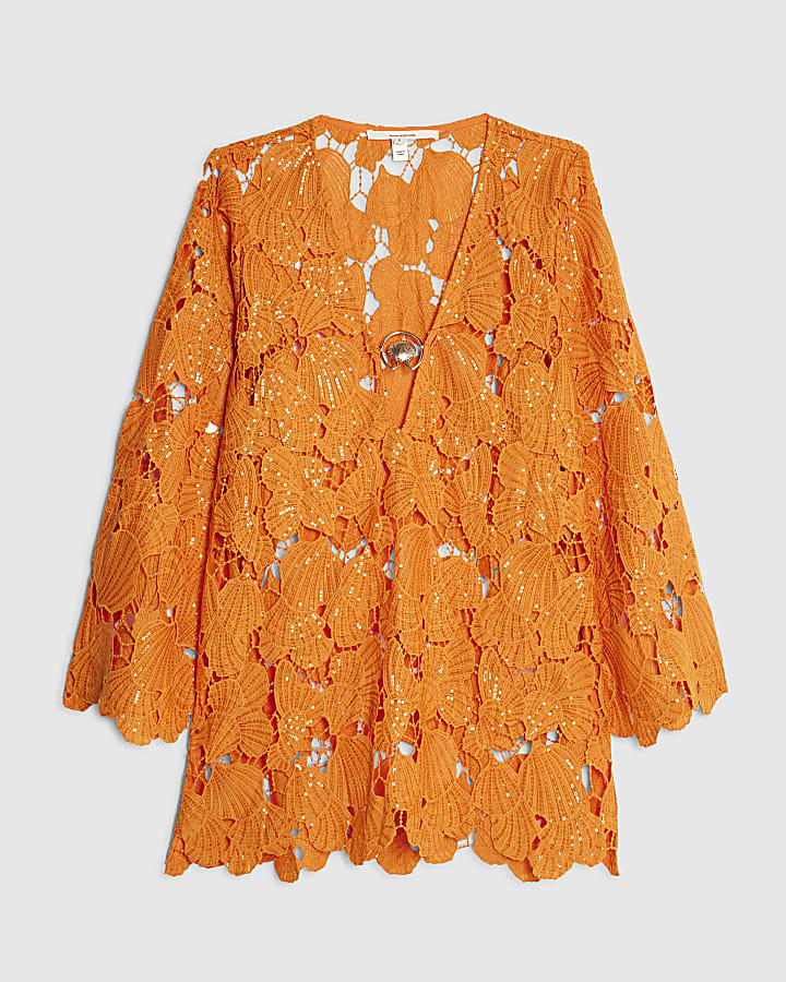 Orange Lace Shell Mini Beach Dress