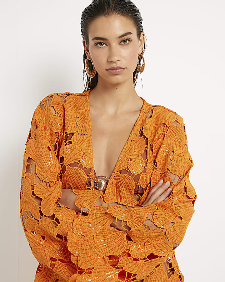 Orange Lace Shell Mini Beach Dress