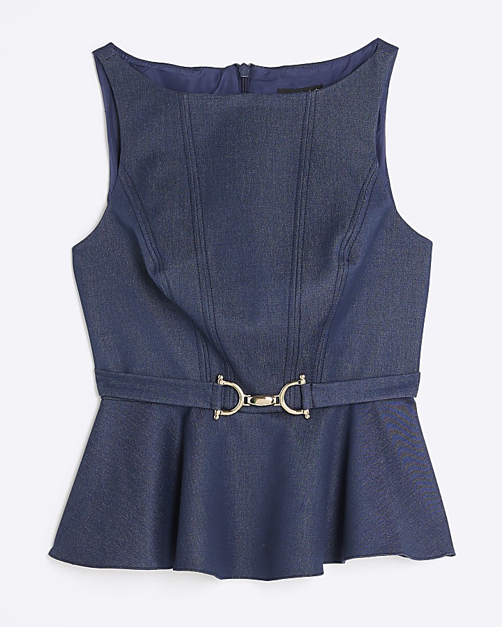 Blue Denim Sleeveless Belted Peplum Top