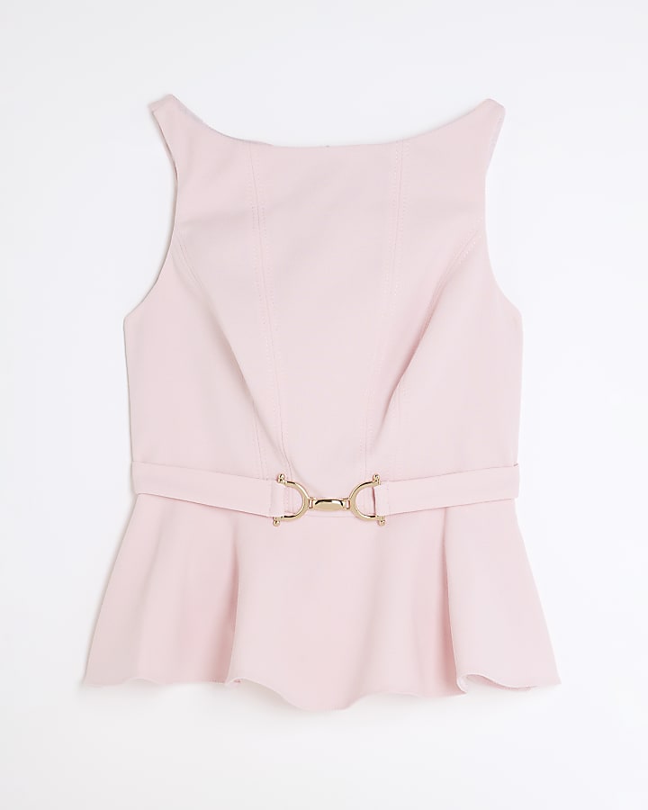 Pink Sleeveless Belted Peplum Top
