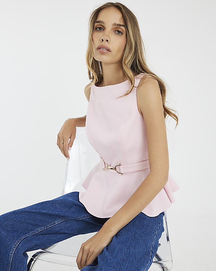 Pink Sleeveless Belted Peplum Top