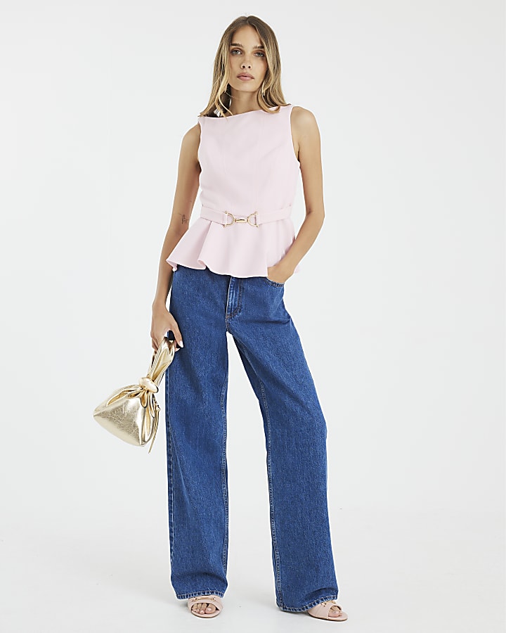 Pink Sleeveless Belted Peplum Top