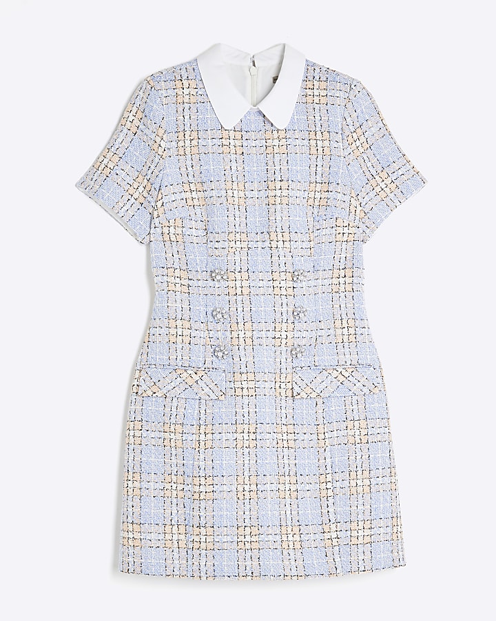 Multi Colour Check Boucle Collared Mini Dress