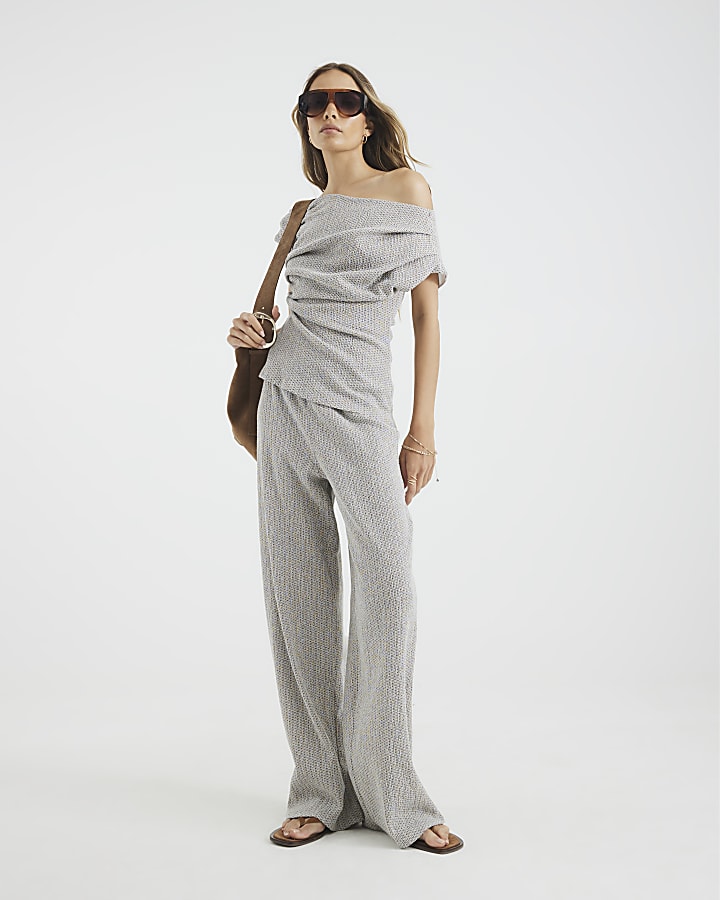 White Off Shoulder Draped Textured Top