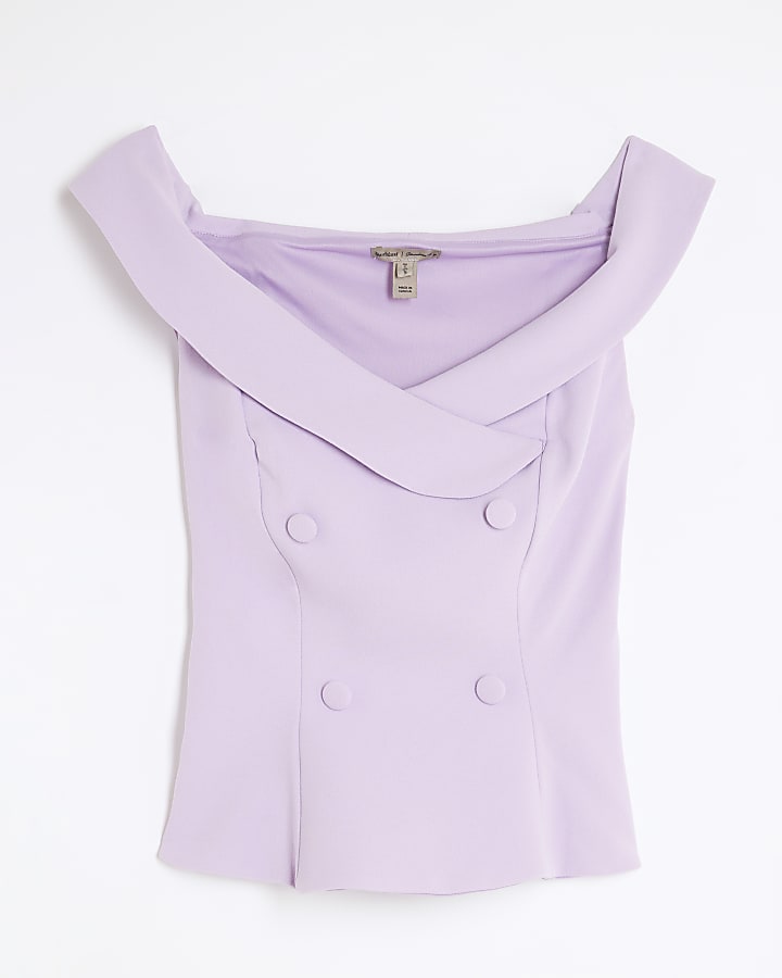 Purple Sleeveless Double Breasted Bardot Top