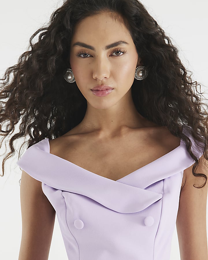 Purple Sleeveless Double Breasted Bardot Top