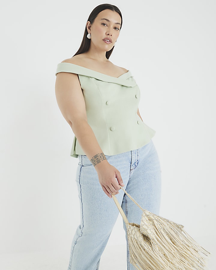 Green Sleeveless Double Breasted Bardot Top
