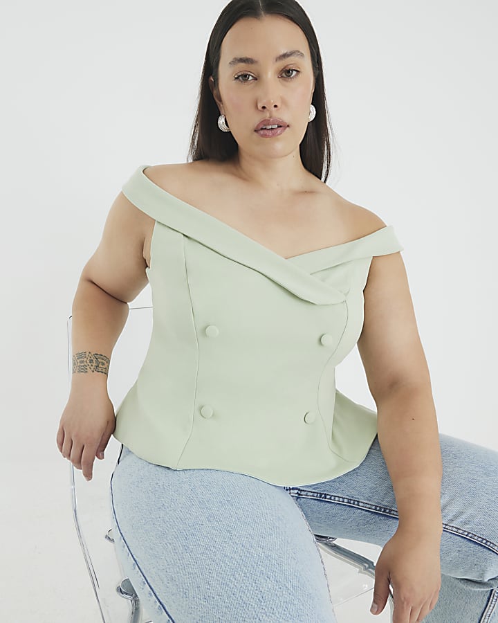 Green Sleeveless Double Breasted Bardot Top