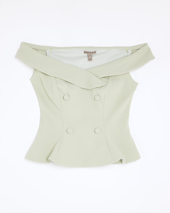 Green Sleeveless Double Breasted Bardot Top