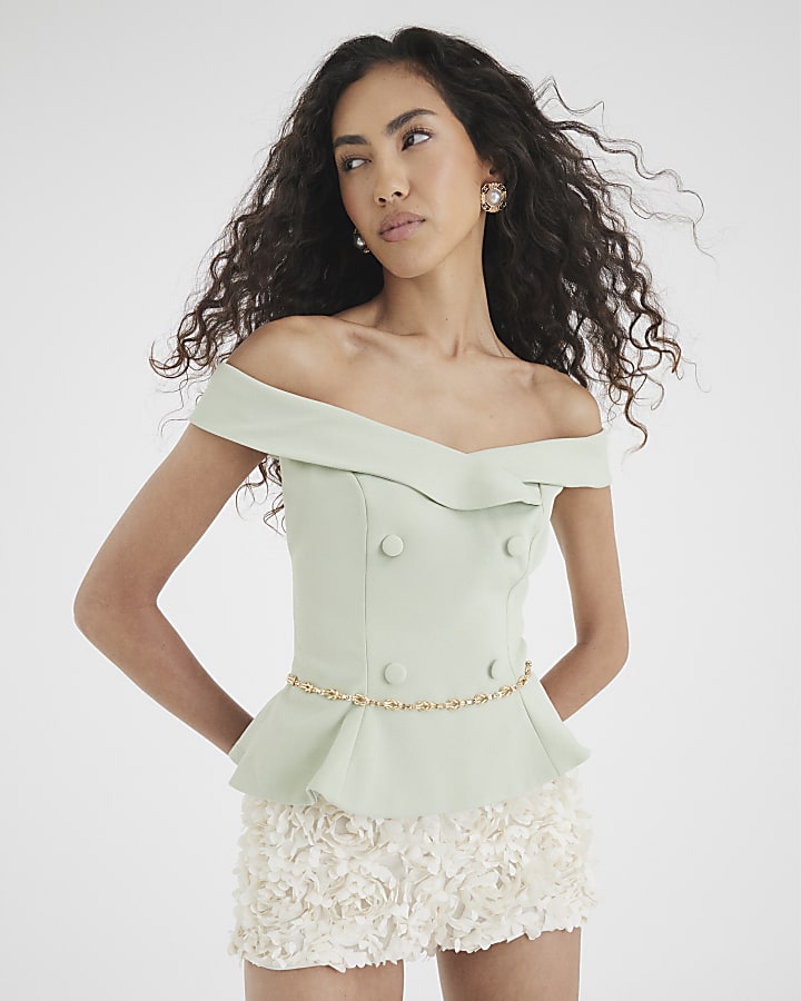 Green Sleeveless Double Breasted Bardot Top