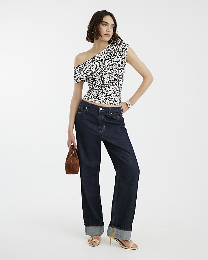 White Spot Print Short Sleeve Drape Top