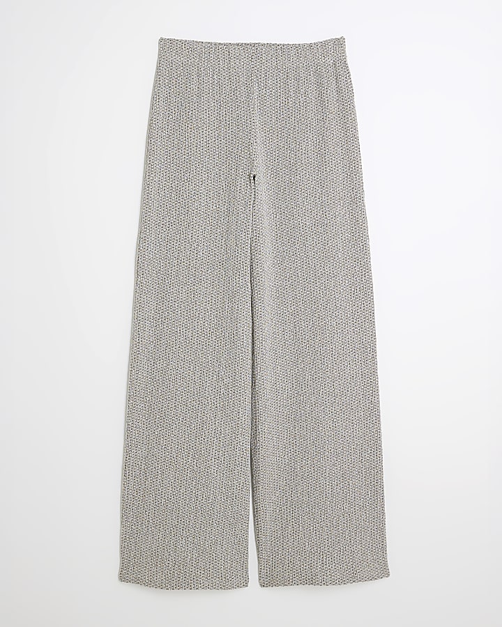 White Textured Wide Leg Trousers