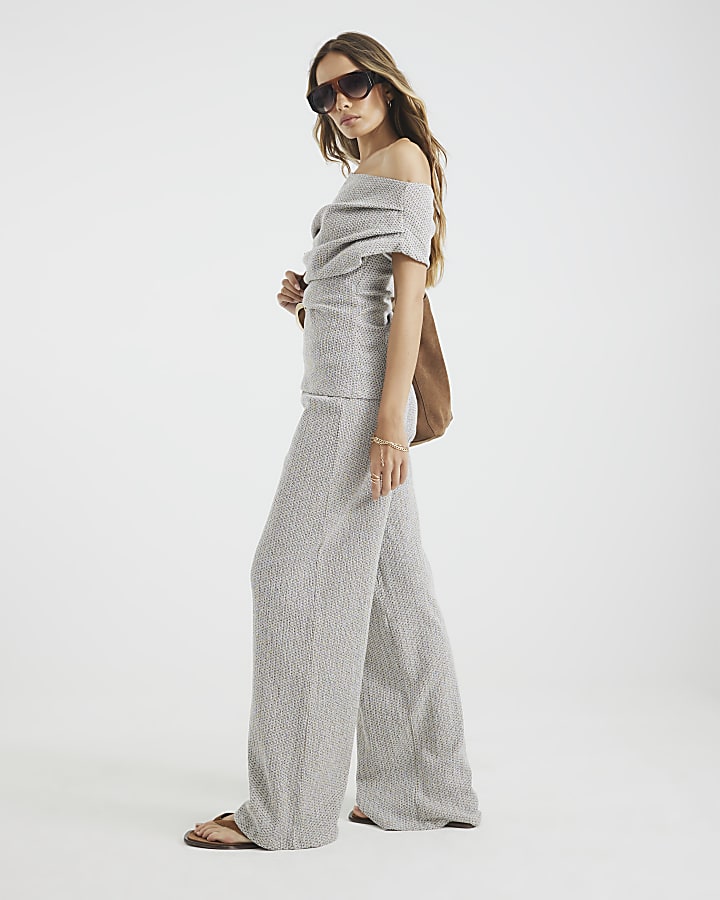 White Textured Wide Leg Trousers