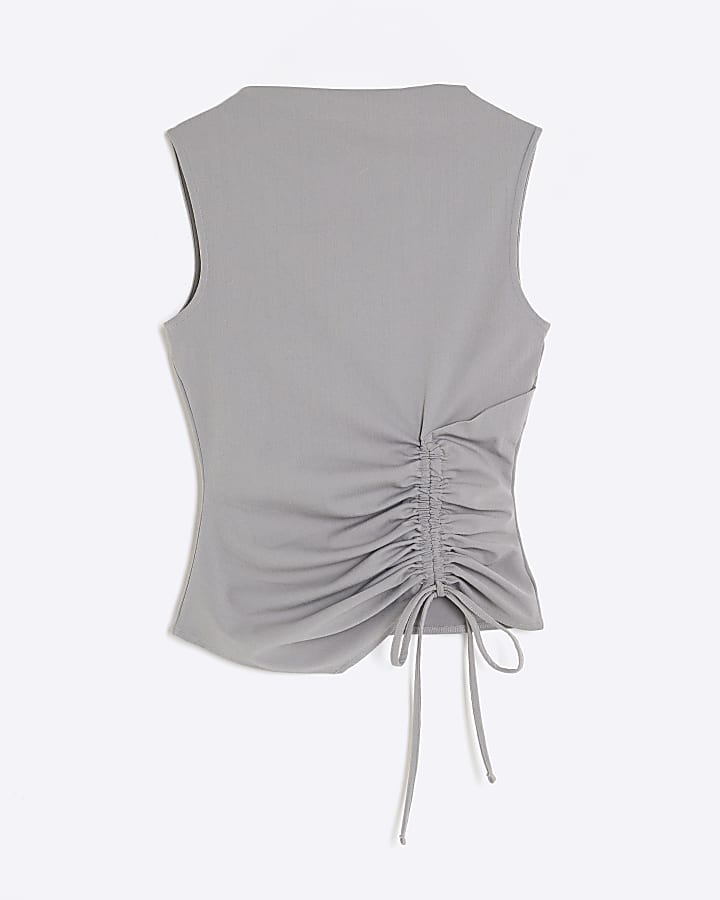 Grey Sleeveless Ruched Tie Detail Top