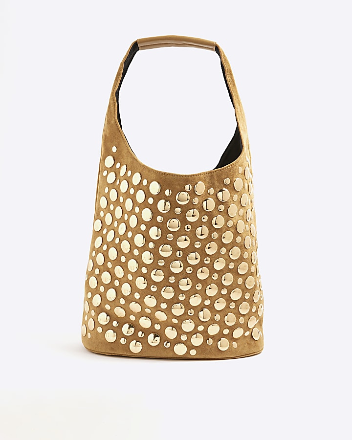 Brown Faux Suede Studded Bucket Shoulder Bag